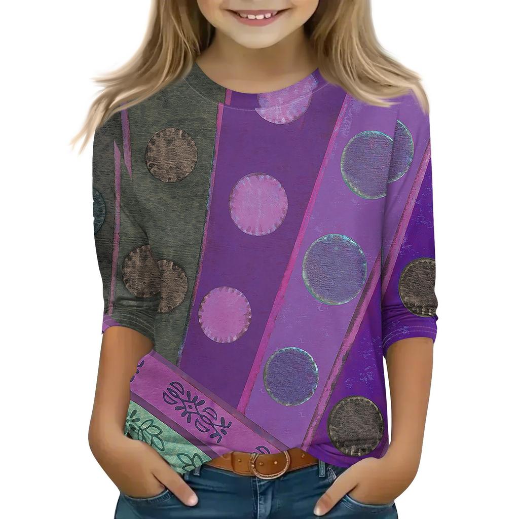 Tops Estampados Para Meninas Jovens Camisetas de Manga 3/4 de Gola Redonda Tops da Moda Roupa Camisetas