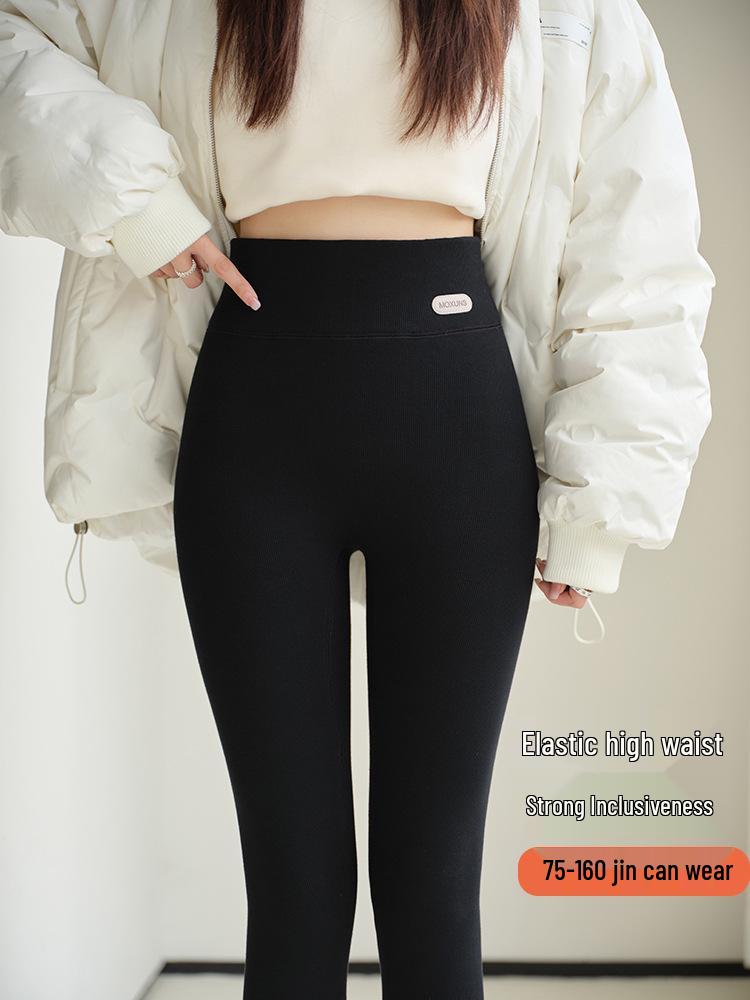 High Waist Warm Fleece-Lined Leggings - Vertical Stripe, Matte, Slimming Cotton for Autumn/Winter