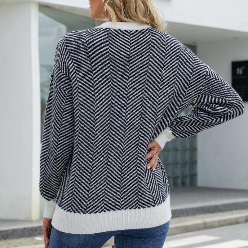 IHUASU Damen Herbst und Winter Gestreifter Mode Langarm O-Ausschnitt Gestrickter Lockerer Patchwork Pullover Pullover