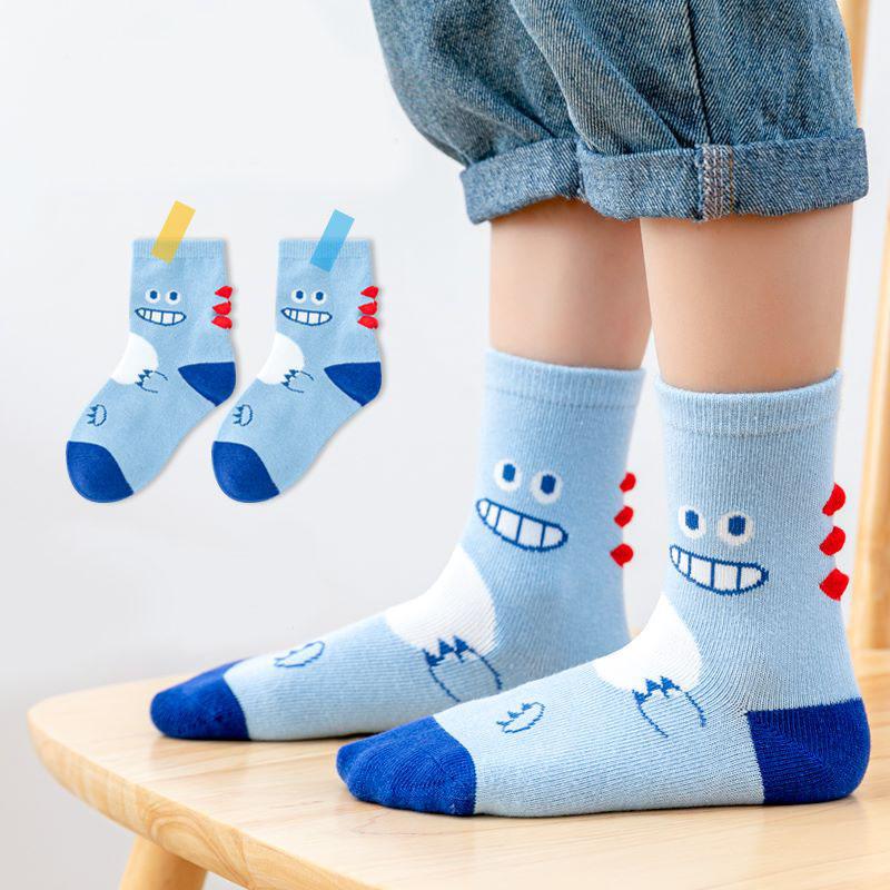 5 Pairs Boys Cartoon Dinosaur Socks Comfortable Breathable Cotton Kids Socks For All Seasons Daily Wear