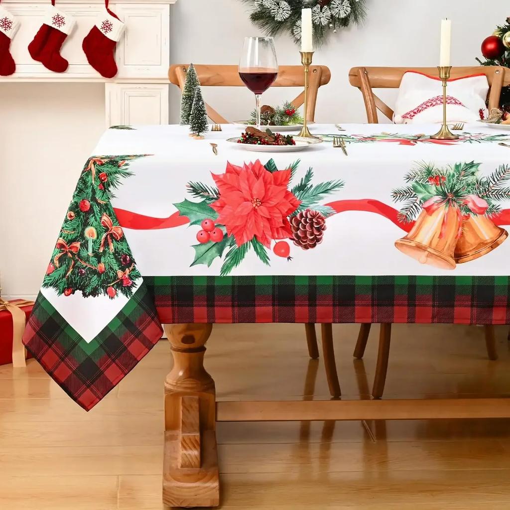 Christmas Poinsettia Buffalo Plaid Tablecloth for Table Decor Reusable Xmas Tree Kitchen Dining Tablecloth Christmas Decorations