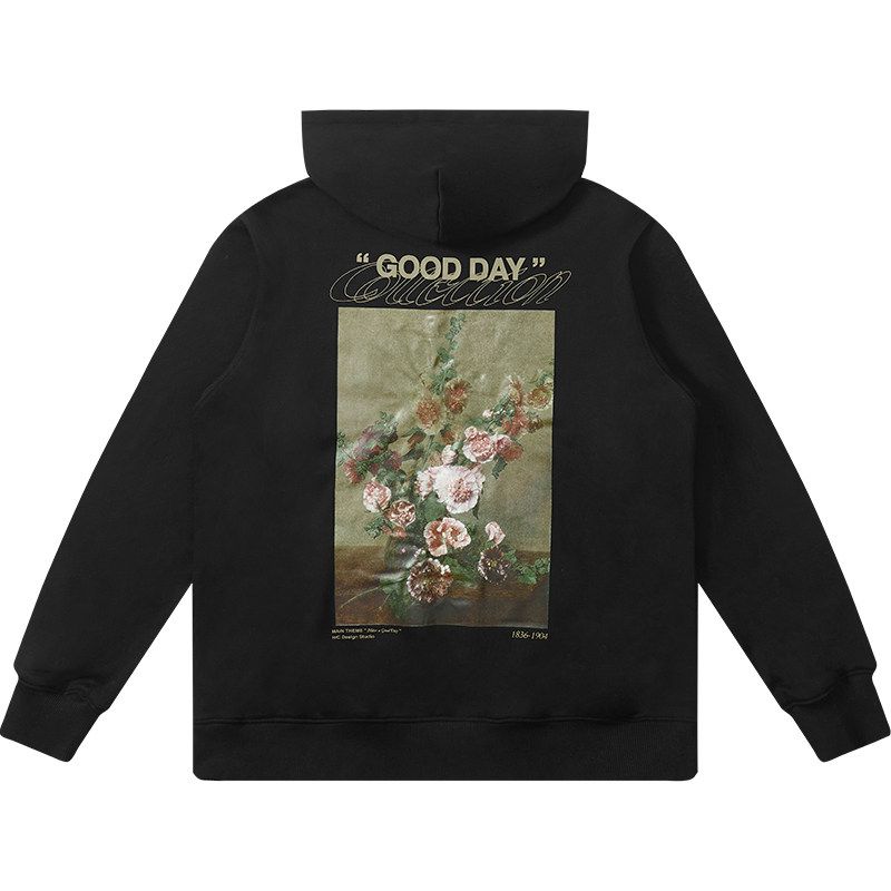 

Harshandcruel Retro Oil Painting Floral Font Layout Loose Trendy Casual Street Hooded Sweatshirt Men Black XL