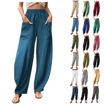 Bayan Günlük Düz Renk Geniş Bacak Pantolon Elastik Bel ve Cepler