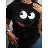 European Size Plus Size-Graphic T-Shirt | Playful Black Short Sleeve Tee with Exaggerated Eyes and Smiling Teeth Design, Casual Top for Spring/Summer