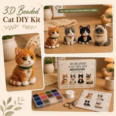 3D Beaded Cat DIY Kit with 4 Animal Patterns Complete Craft Set Includes Beads Thread Instructions and Tools for Handmade Projects