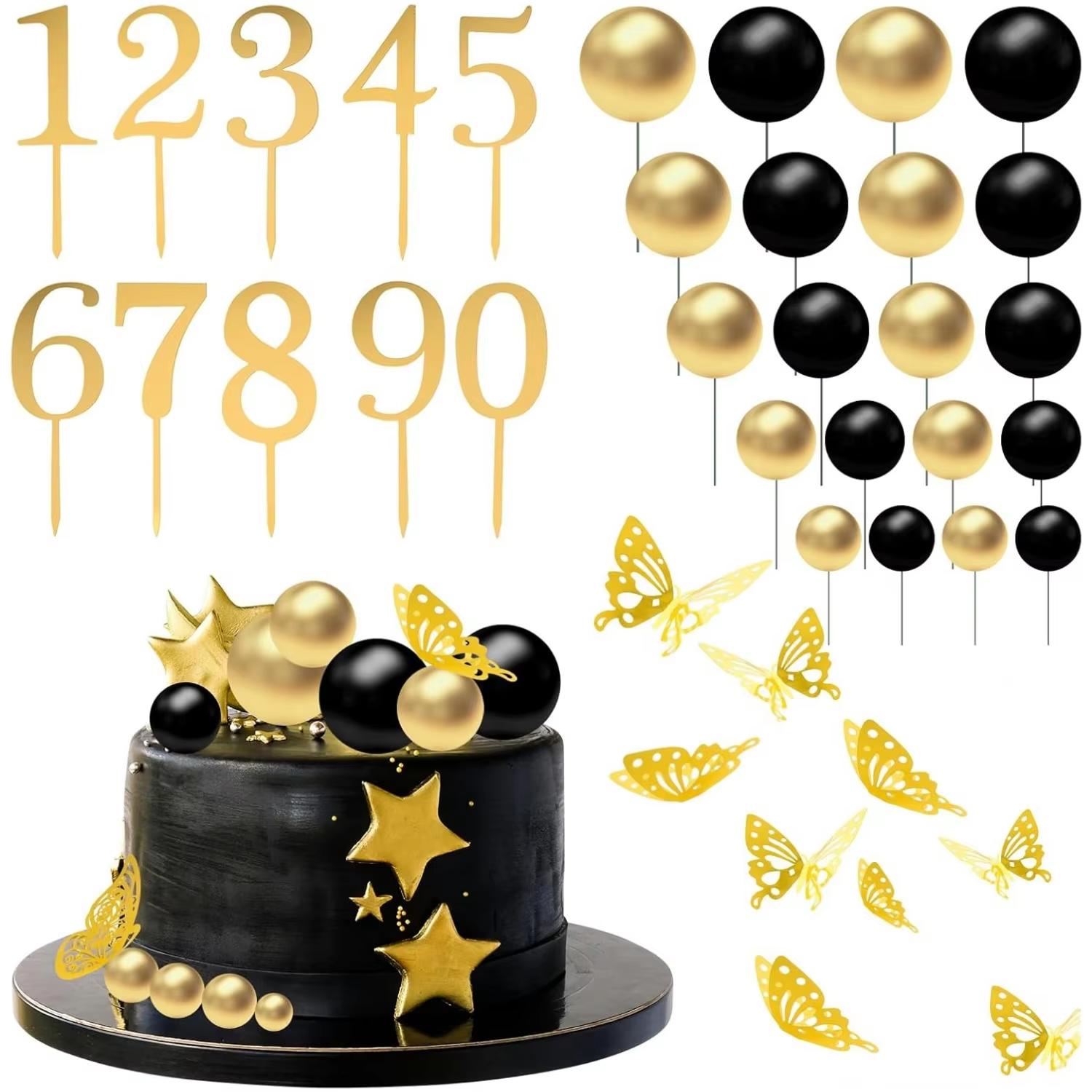 Golden butterflies and numbers, black and gold spherical cake decorations for festivals, parties, weddings