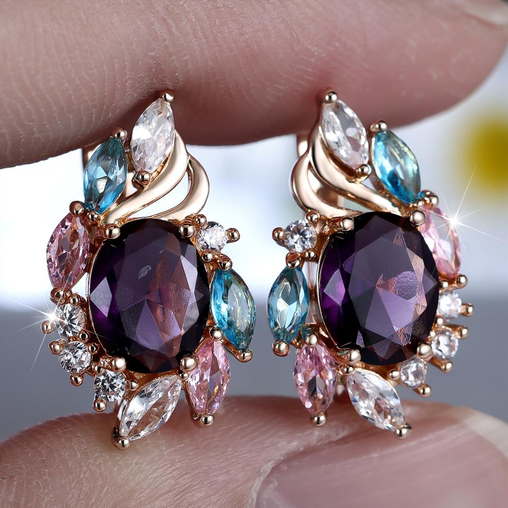 

Элегантные овальные серьги-подвески из фиолетового циркония для женщин, роскошные золотые свадебные серьги, свадебные украшения фиолетовый/золотой