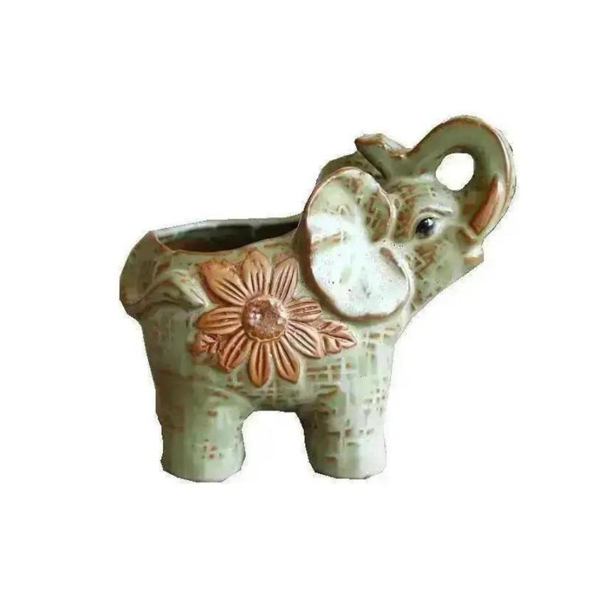 1 Pcs Vintage Ceramic Elephant Crafts Succulent Flower Pot Green Plant Potting Home Garden Decoration