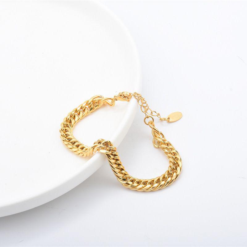 High-End Women's Fashion Woven Bracelet with Double Buckle, Square Chain, and Plain Chain in Gold Stainless Steel