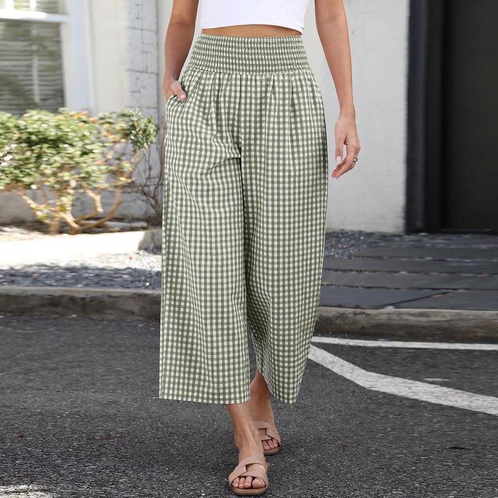 Women's Fashion Loose Pleated Elastic Waist Pocket Checkered Casual /10 Pants