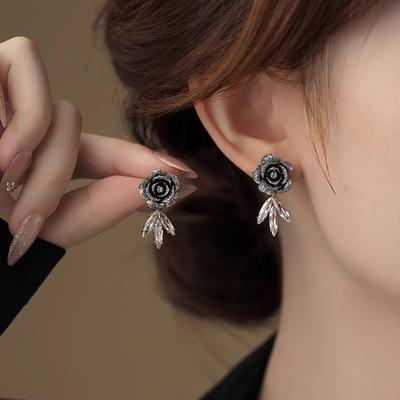 Diamond-Accented Black Rose Silver Needle Earrings: Elegant Luxury Studs with Unique Personalized Design for Women
