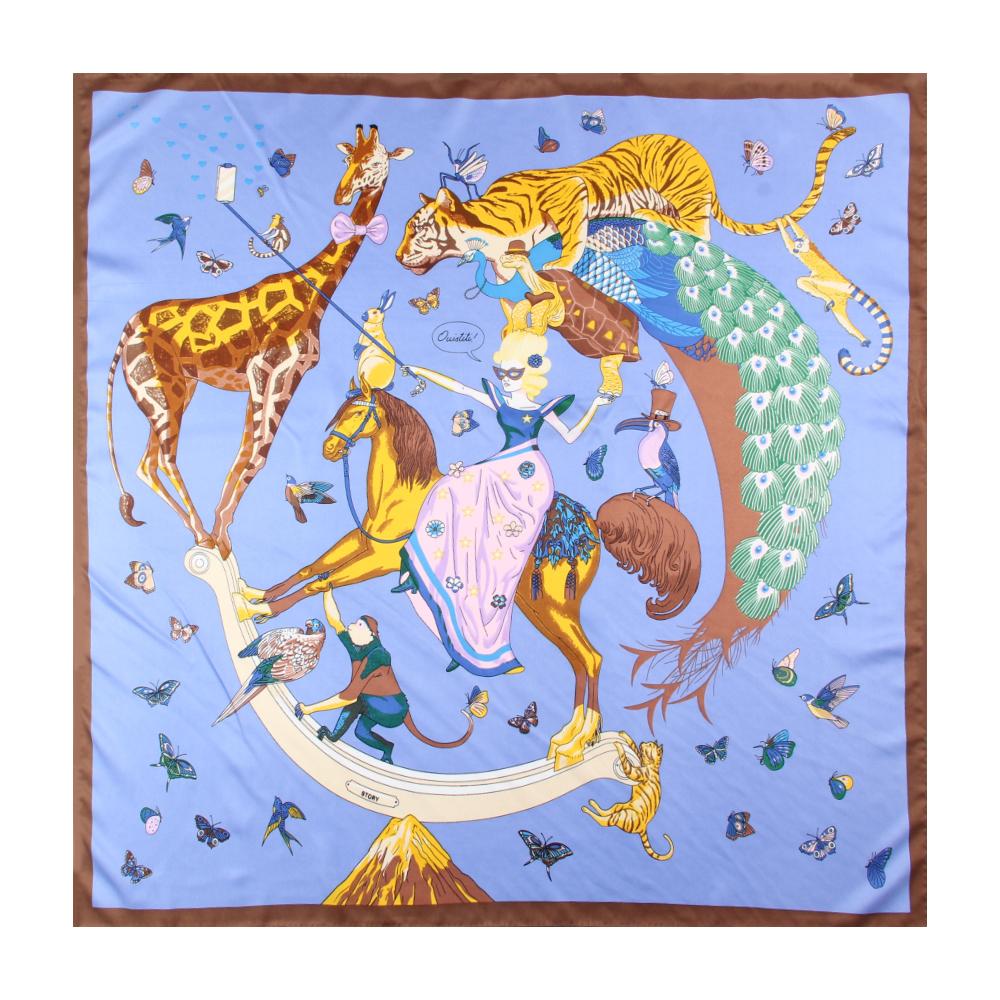 Manual Hand Rolled Twill Silk Scarf Women Animals Print Square Scarves Wraps Echarpes Curled Foulards Femme Bandana Hijab 90CM