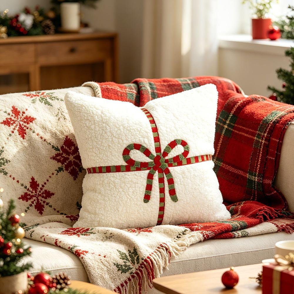3D Embroidered Pattern Christmas Throw Pillow Cover Christmas Tree/Leaf Rectangular Sofa Pillowcase Square Washable