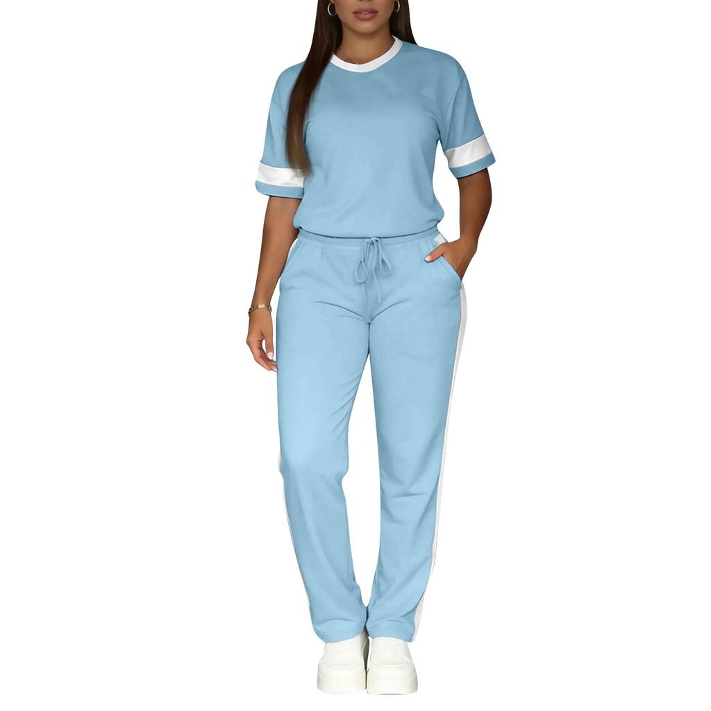Women's 2-Piece Fashion Casual Short-Sleeve Top And Pants Set With Side Stripes And Color-Blocking