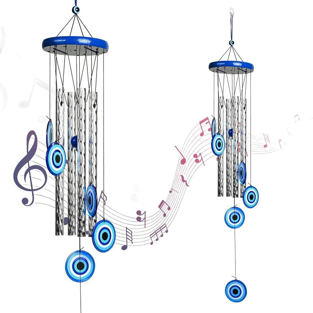 Evil Eye Wind Chimes for Home and Garden – Hanging Decoration Items Housewarming Gifts Room Décor for Living Room and Bedroom, 4 Silver Pipe