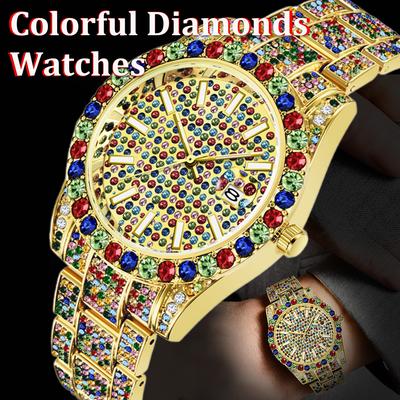 Iced Out Colorful Diamonds Watches For Men Hip Hop Diamond Golden Vintage Date Quartz Luxury Watch Montre Homme
