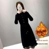 Women's Plus Velvet Thick Mid-Length Knit Sweater Dress - Loose Fit with Lace and Half-High Collar for Autumn and Winter