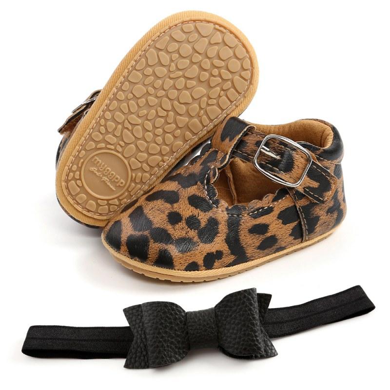 Boy Boy Leopard PU Kožené boty Boty pro batolata s měkkou podrážkou + Čelenka dvoudílná 0-18M