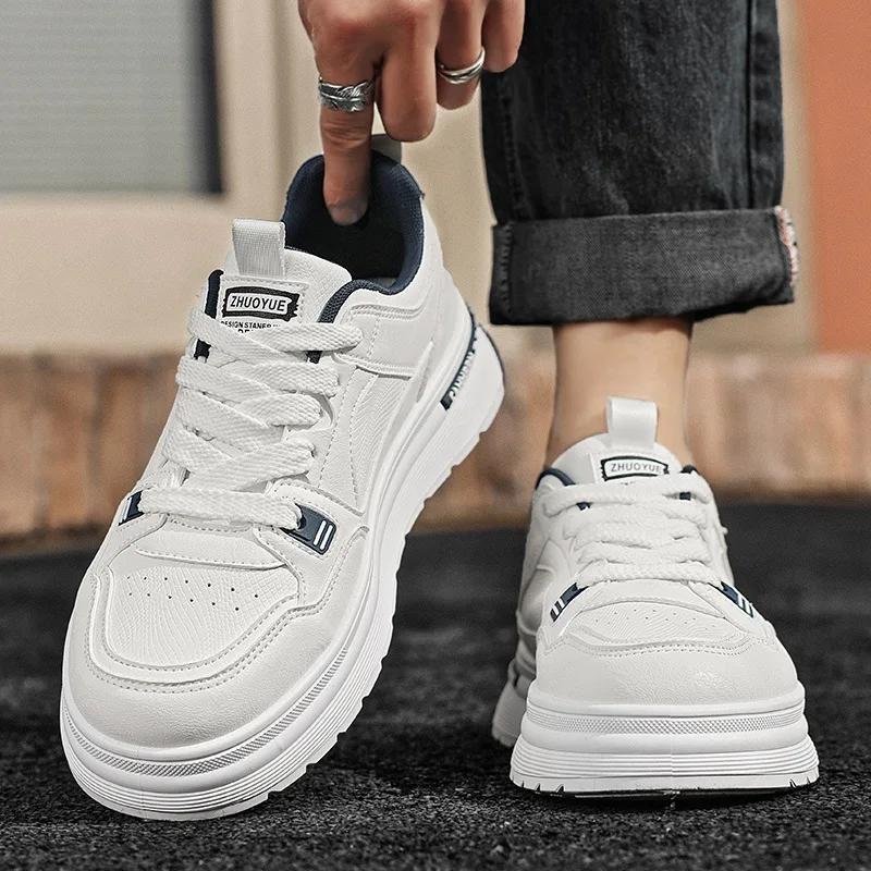 Men Casual Shoes Trend Men's White Shoes 2025 Spring Leather Surface Thick Sole Height Increasing Comfortable Casual Sneakers