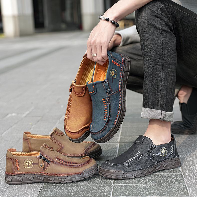 Men's Leather Boots Zipper Low Top Casual Shoes Outdoor Driving Handmade Shoes 39-48