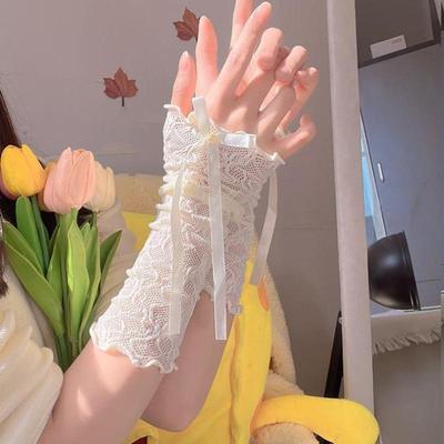 Women Gothic Mesh Fingerless Gloves Elastic Lace Lolita JK Punk Strapping Sunscreen Sleeve Costume Accessory