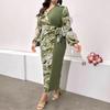 Autumn V-neck Printed Long Sleeve Dress Elegant Women's Colorblocking Plus Size Dress