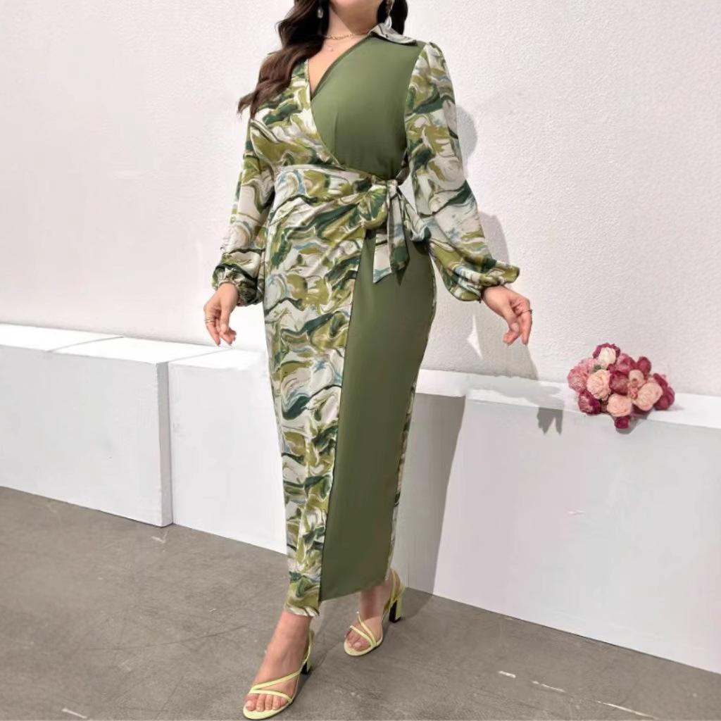 Podzimní šaty s dlouhým rukávem a výstřihem do V, elegantní dámské barevné blokování, plus size šaty