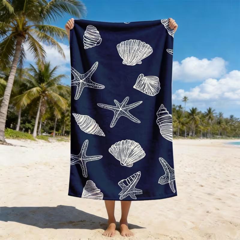 Light Blue Starfish Seashell Print Beach Towel Bath Towel Nautical Ocean Design For Swimming Camping Seaside Holiday