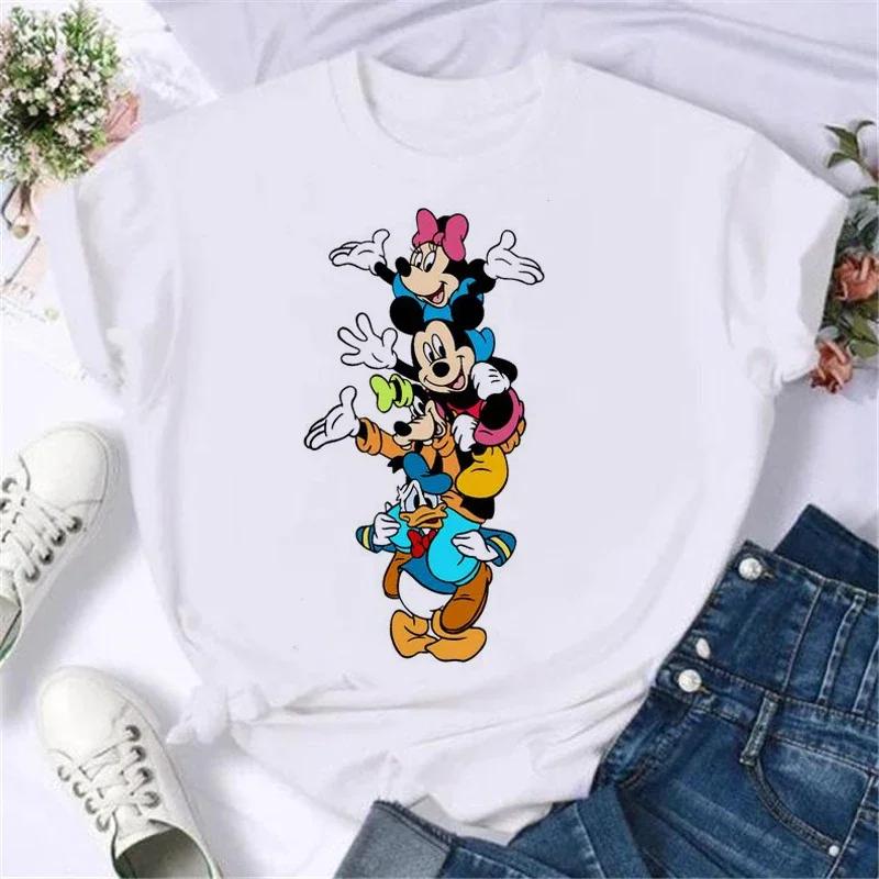 Miniso Disney Family Vacation T Shirt Kawaii Mickey Minnie Donald Duck Print Fashion Clothes Casual Women T-shirt Camiseta Mujer