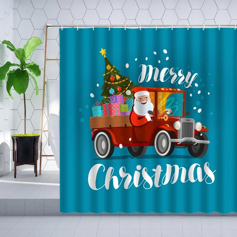 Merry Christmas Shower Curtain Santa Claus Elk Snow Scenery Tree Holiday Gift Red Decor Wall Cloth Bathroom Screen Curtains Sets