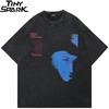 HipHop Streetwear Herren T-Shirt Oversize Face Shadow Ästhetisches Grafik-T-Shirt Baumwolle Gewaschenes Schwarzes T-Shirt Unisex Oberteile Tee YK
