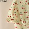 VONDA Women Summer Doll Collar Puff Sleeve Buttons Up Print Casual Blouse