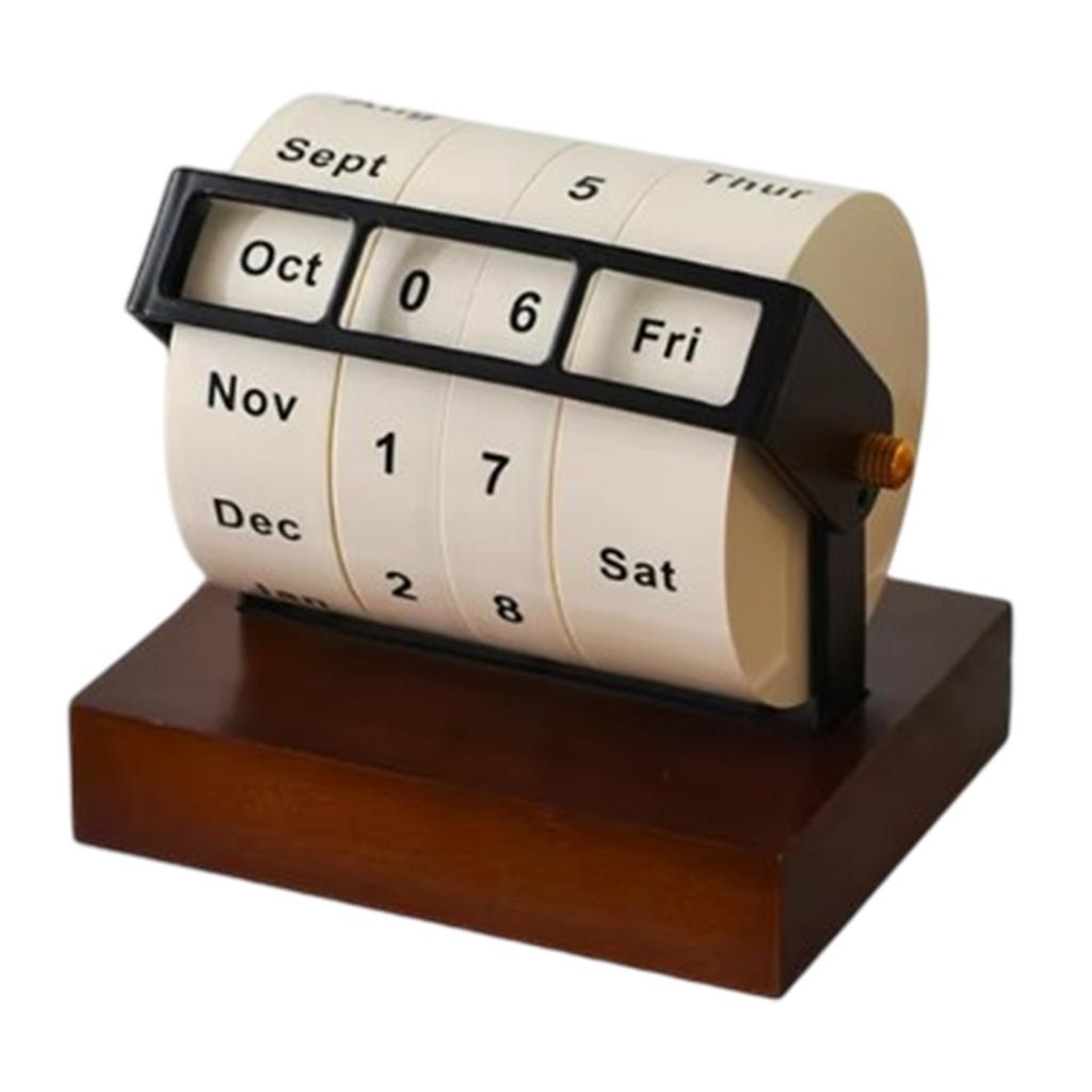 Rotary Calendar Desk Calendar Wood Wheeling Calendar Month Week Day Date Display for Home and Office