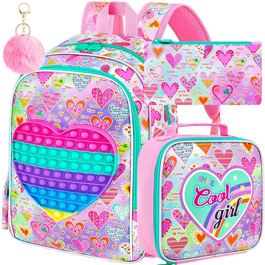 3PCS  Backpack for Girls, 16" Kids Backpacks with Lunch Box, Water Resistant Girl Bookbag for School Elementary