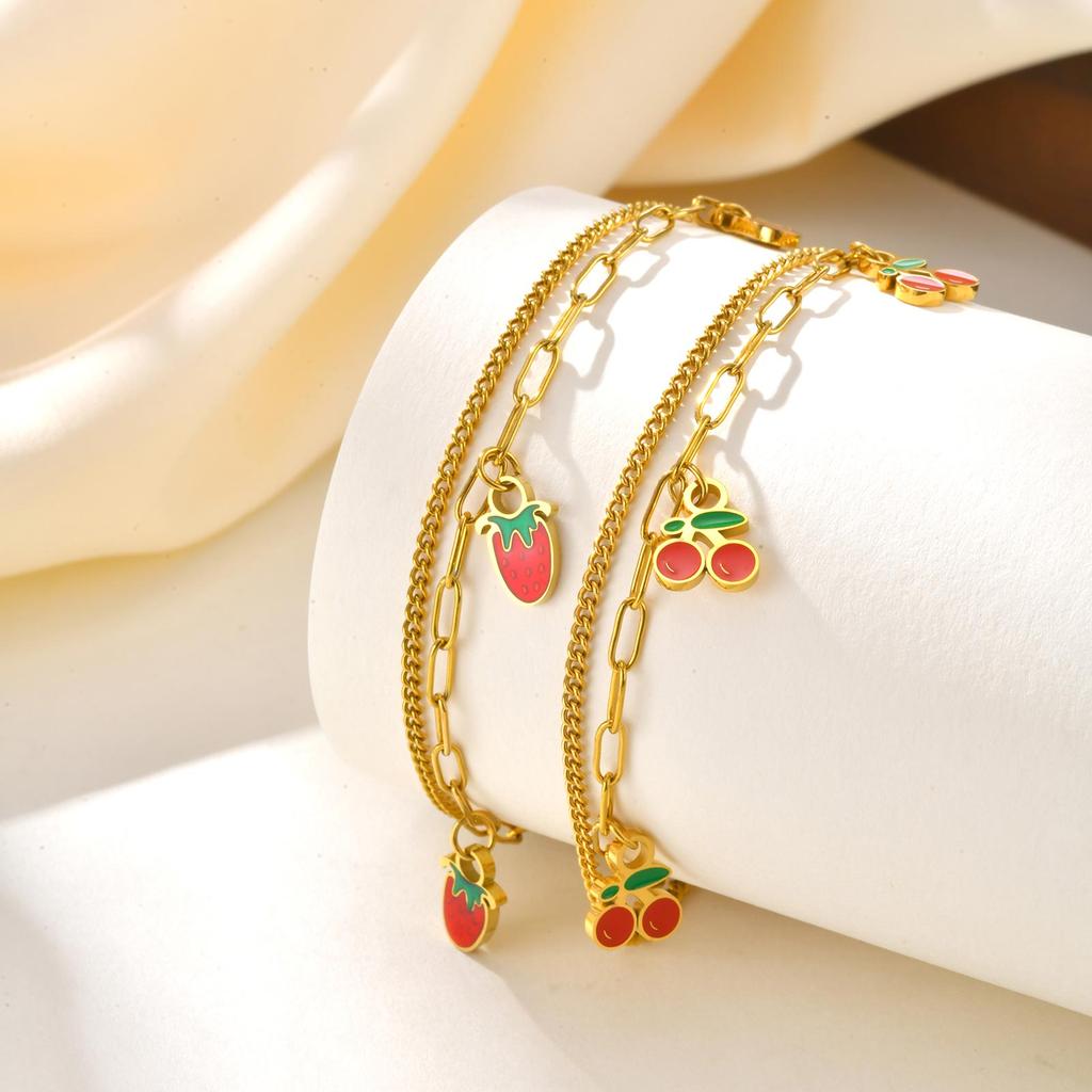 Dainty Double-layer Strawberry Cherry Accessories Bracelet,Women's Stainless Steel Gold Plated Bracelets,Cute Jewelry Gift