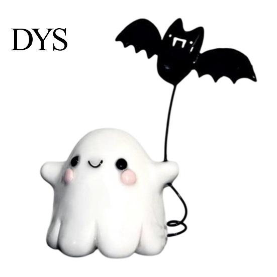 Cute Resin Ghost Statue Walking Dog Figurine, Holding Bat Balloon Statue, Spooky Halloween Room Decor Desktop Decor, Mini Stable Base Tabletop