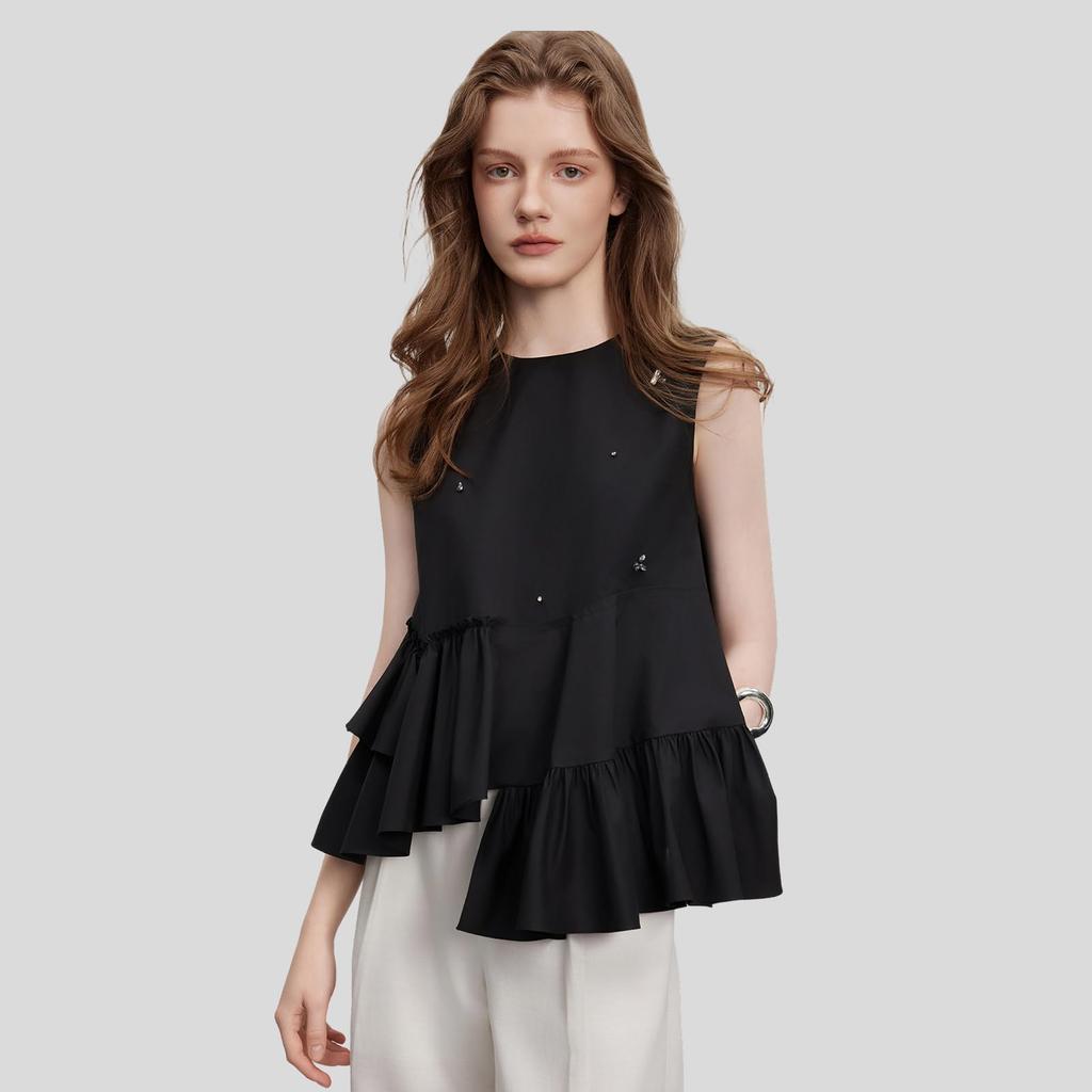 [ELLE] Elle Tops Blouse Sleeveless Women's Summer Modern Bead Embroidery Frill Asymmetrical Design Original Stylish Casual EM51429 (JP, Alphabet, M)