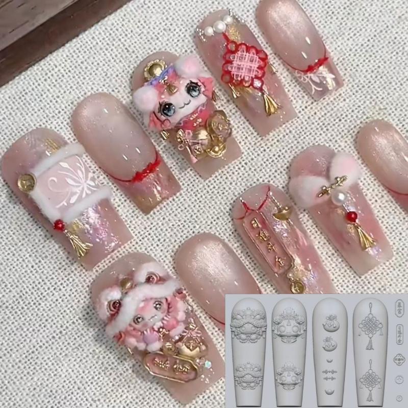 3D Chinese Style Lion Dance & Retro Egypt Silicone Nail Molds - DIY Nail Art Decoration Templates for Manicure Design Tools