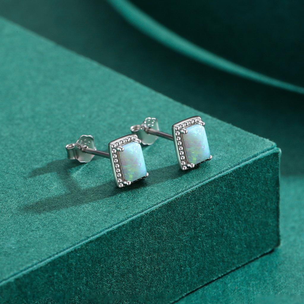 MODIAN Vintage Charm Female Opal Ear Studs Real 925 Silver Rectangle Gemstone Stud Earrings For Women Fine Jewlry Gifts