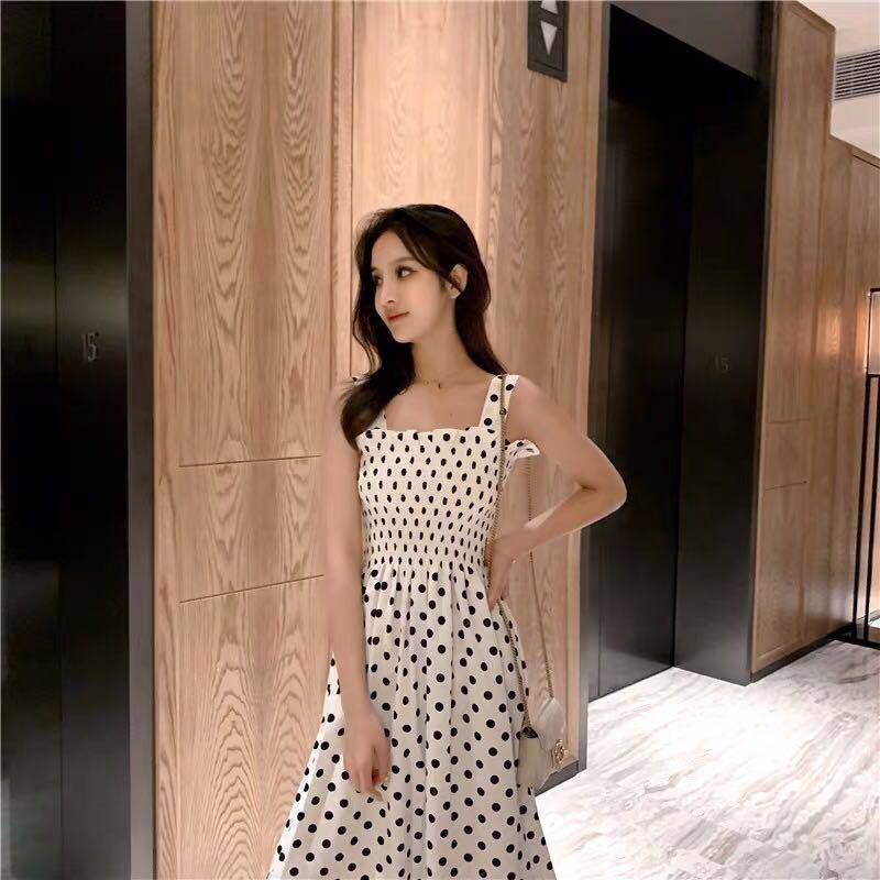 Women's Summer Strap Pleated Chiffon High-rise Mini Polka-dot Print Dress