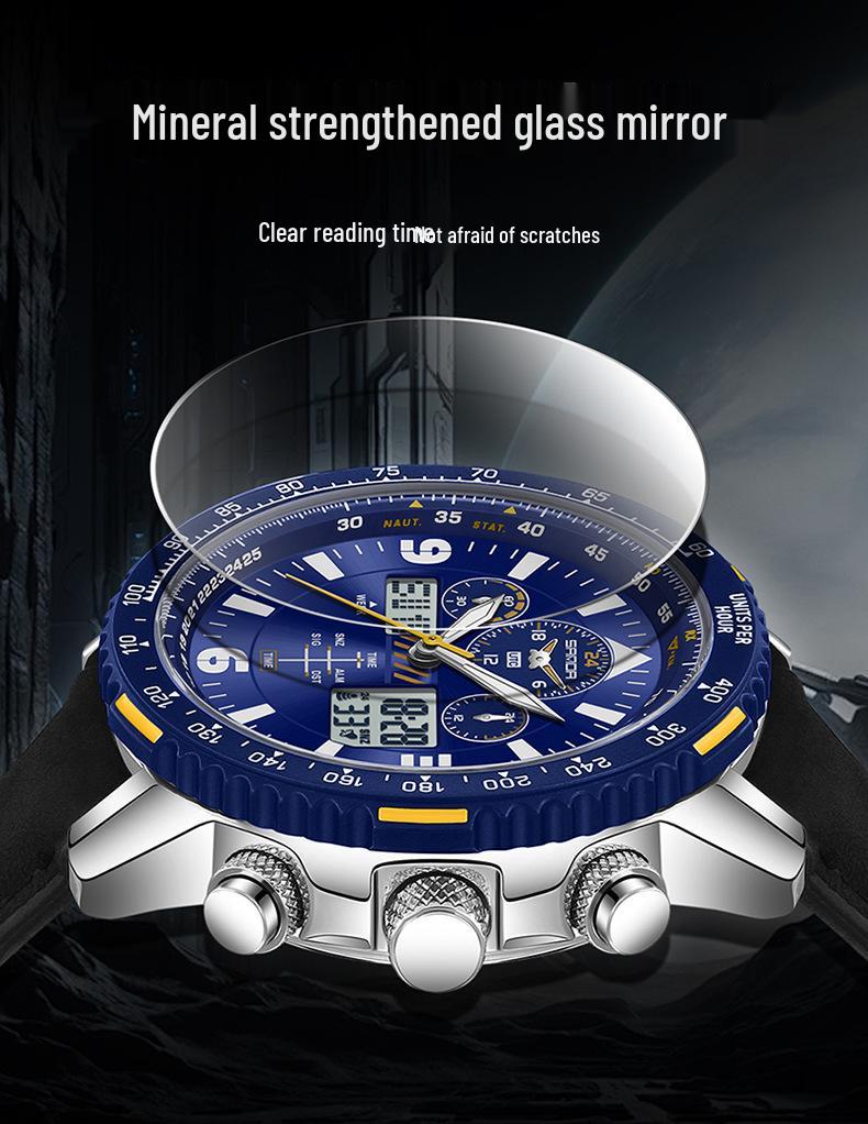 Orologio da polso da uomo Sanda a doppio movimento con display a tre finestre, multifunzioni, cinturino in pelle e acciaio e funzione impermeabile.