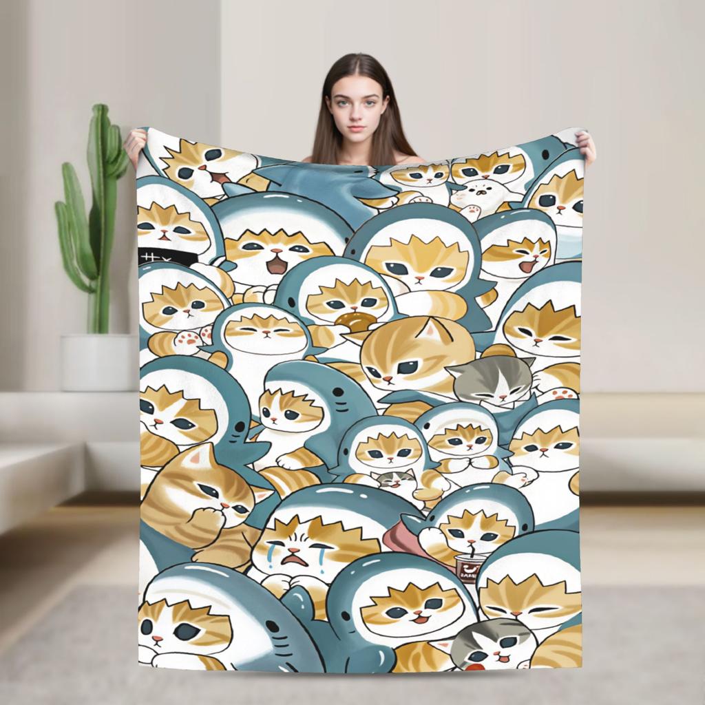 Mofusand Japanese Shark Cat Blankets Quality Warm Cozy Throw Blanket Autumn Picnic Chair Sofa Bed Graphic Bedspread
