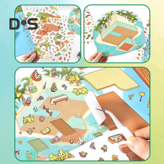 2 Sets DIY 3D House Scene Stickers with Background Boards Creative Mini Room Craft Stickers for Stress Relief And Fun Interactive Gifts