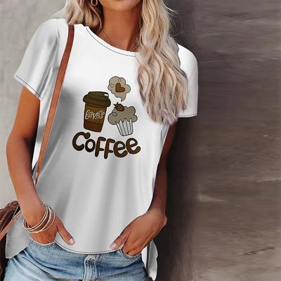 Dam Sommar T-shirt Kaffetryck Kortärmad T-shirts Casual Tryckta Toppar