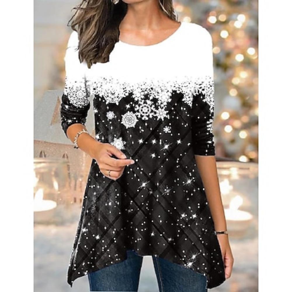 Women's T shirt Tee Christmas Shirt Plaid Print Weekend Basic Christmas Long Sleeve Round Neck Black Fall & Winter