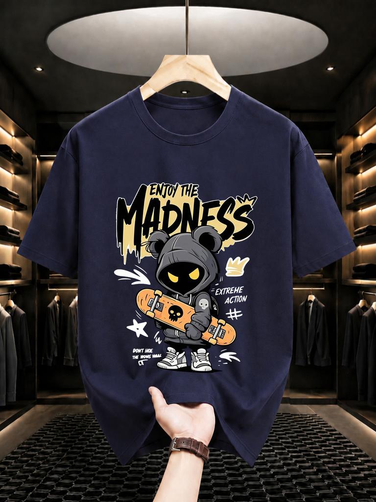 Unisexs Solid Color Pure Cotton Tshirt With Bear Print Casual Crew Neck Short Sleeve Hiphop Street Style Top