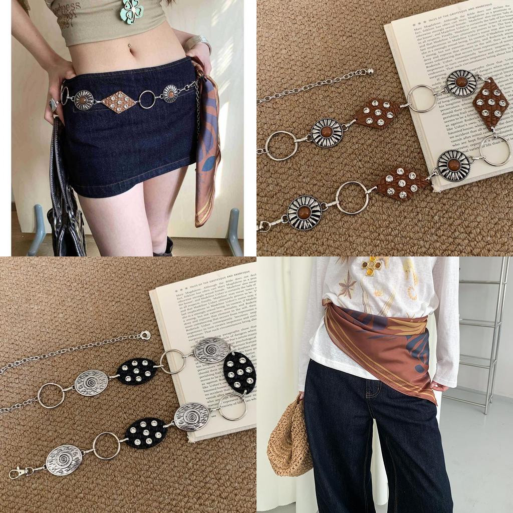 Beaded Waist Belt With Metal Chain And Silk Scarf For Daily Fashion