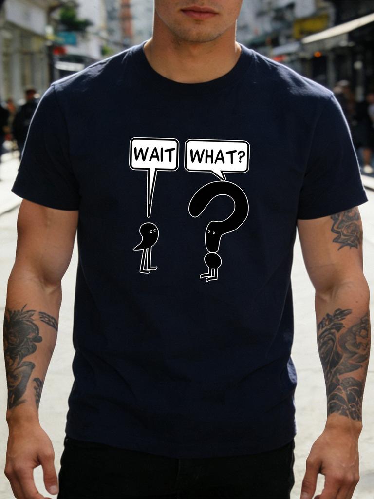 Unisex Black Tee Stick Figure Wait What Text Graphic Print Short Sleeve Loose Casual Summer Street Basic Top For Male Daily Wear