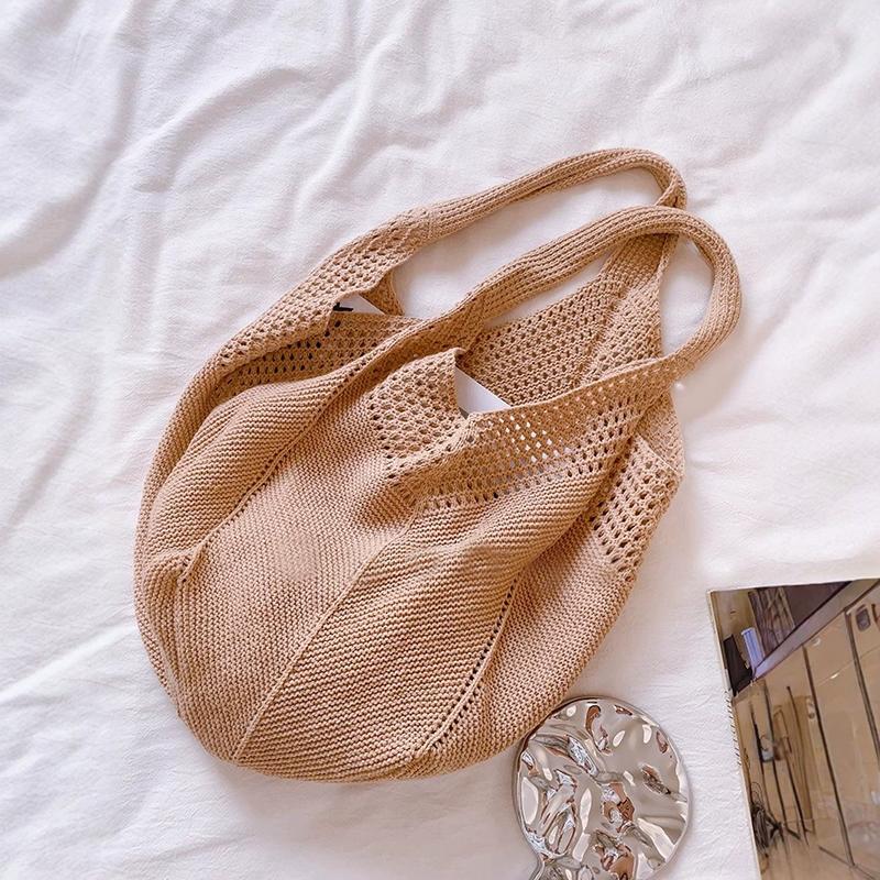 Yogodlns Casual Hollow Women Shoulder Bag Solid Color Large Capacity Summer Woven Beach Bag Foldable Handmade Crochet Tote Bag