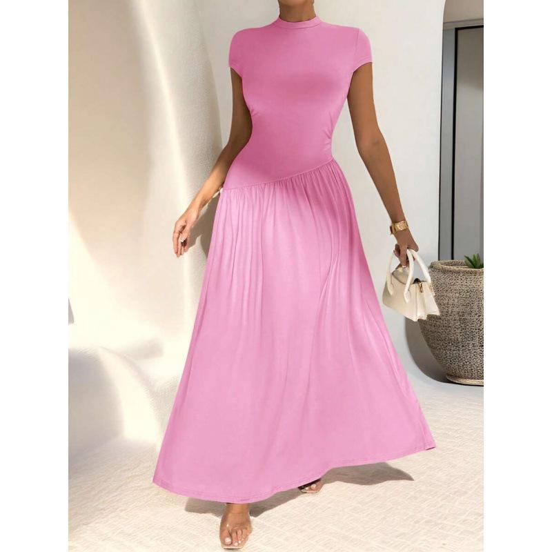 Europe, America 2026 summer new simple asymmetrical stand-up collar short-sleeved A-word casual dress women